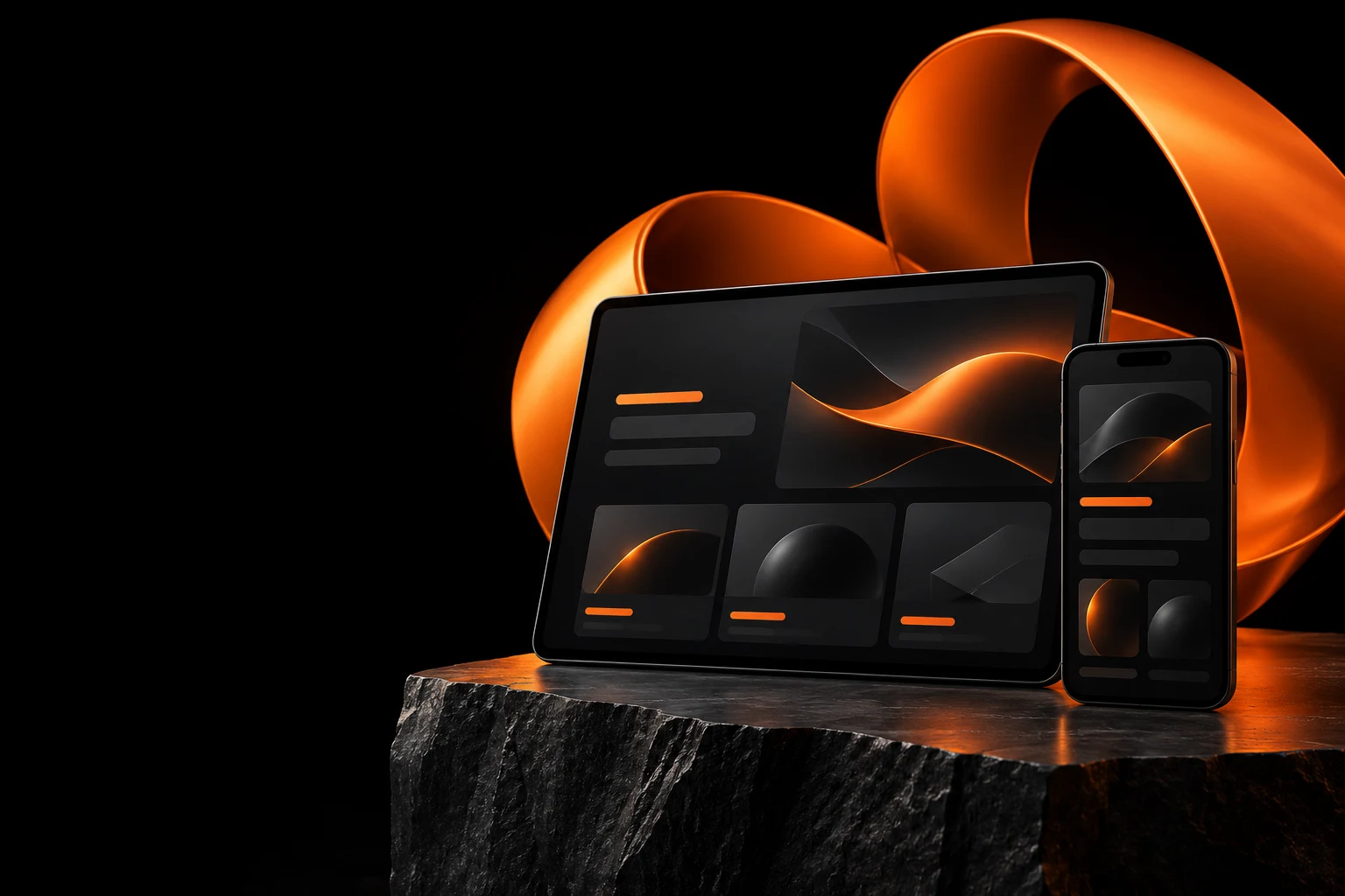 Orange sculptural loop framing website and mobile interface concepts